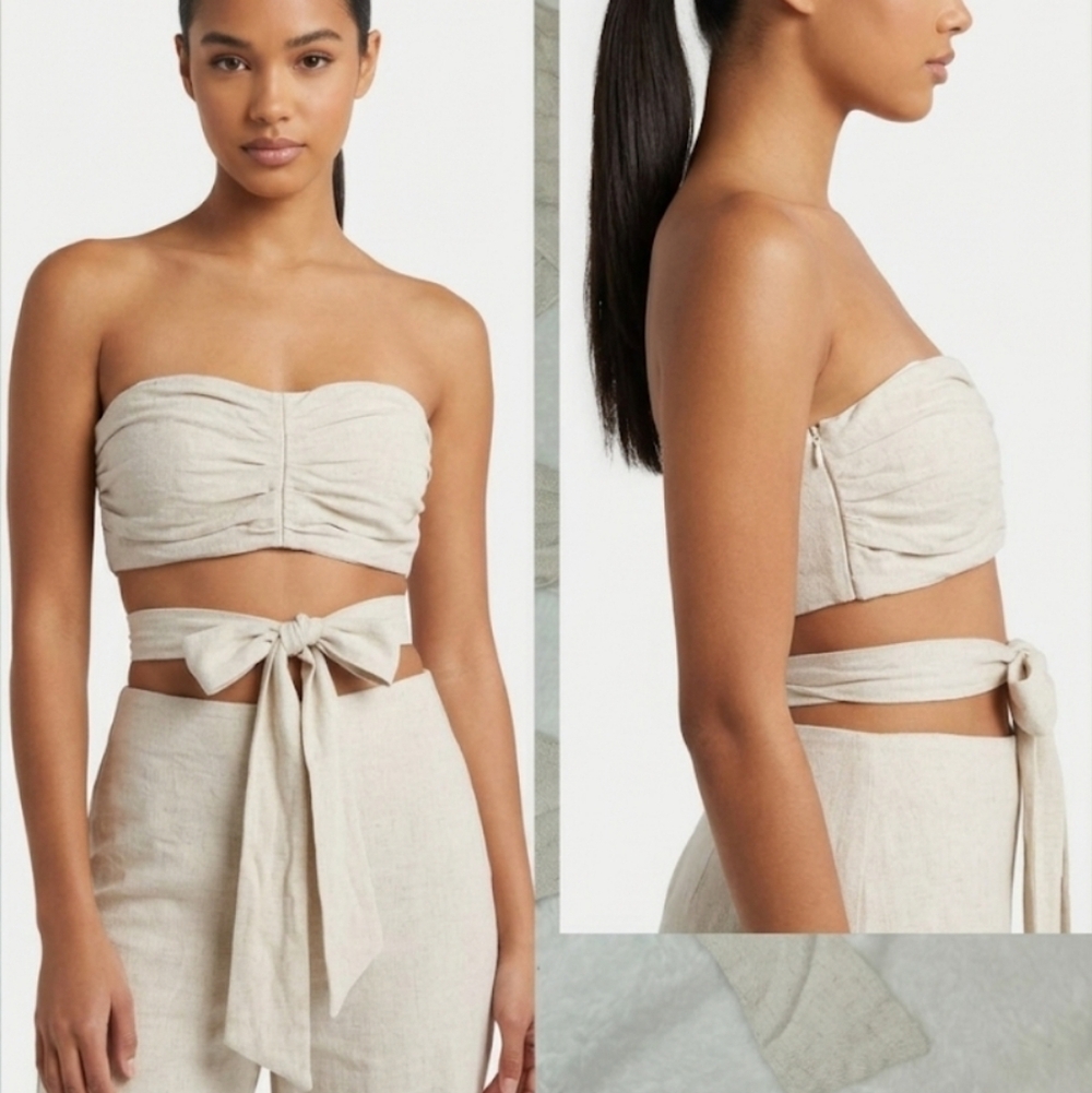 4th & Reckless Oatmeal Linen-Look Ruched Wrap Bandeau Top - XS